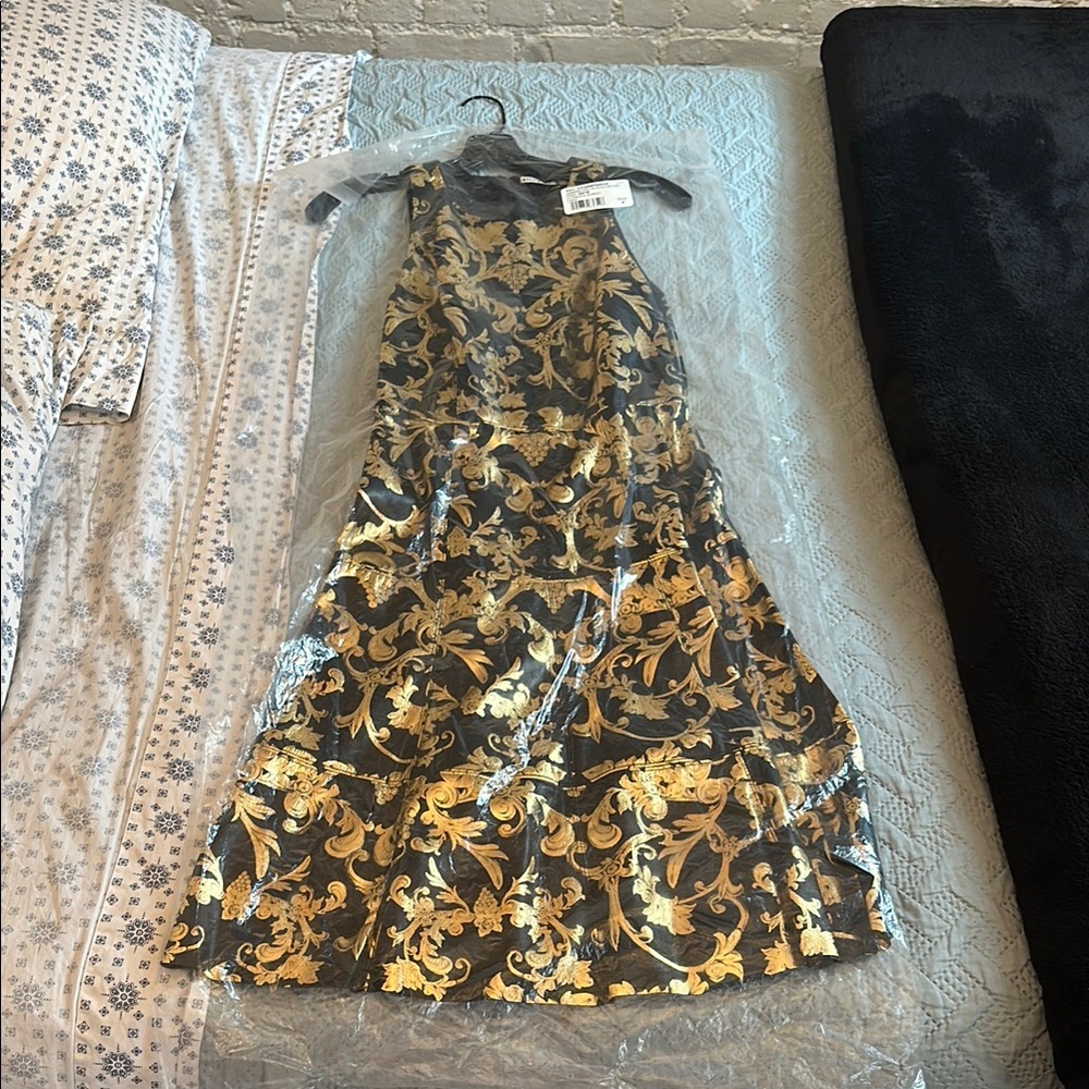 Alice + Olivia Black and Gold Midi Dress